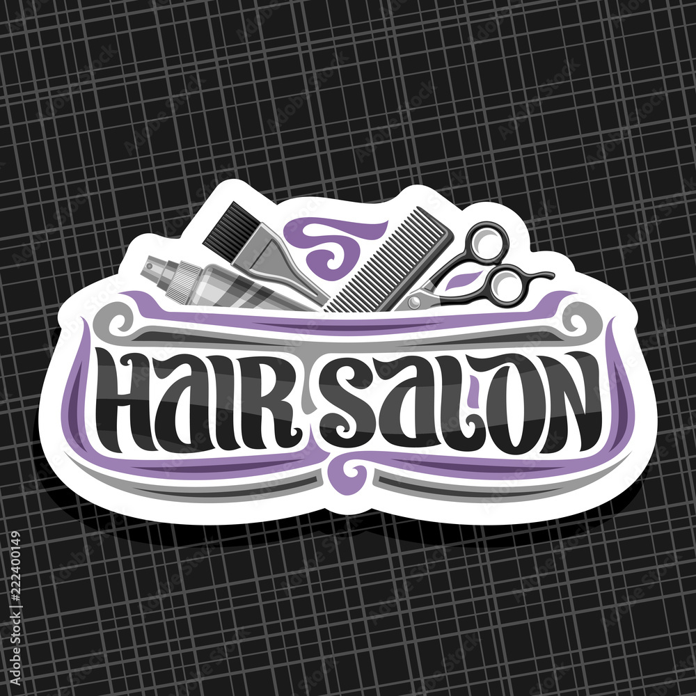 Vector logo for Hair Salon, white signage with hairdresser professional  equipment, original brush typeface for words hair salon, design signboard  with hairstyle tools for beauty saloon. Stock Vector | Adobe Stock