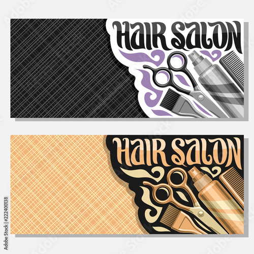 Vector banners for Hair Salon with copy space, templates with hairdresser professional equipment, original brush typeface for words hair salon, coupons with hairstyle tools for luxury beauty saloon.