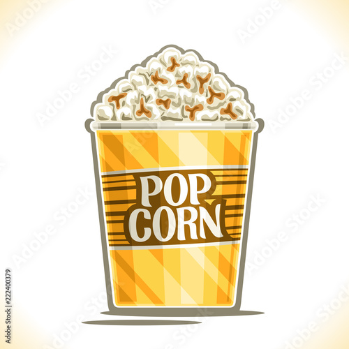 Vector poster for Pop Corn, yellow cardboard bucket filled salty popcorn for cinema house, original typeface for words pop corn on label of big paper cup, logo for fast food cafe menu in movie palace.