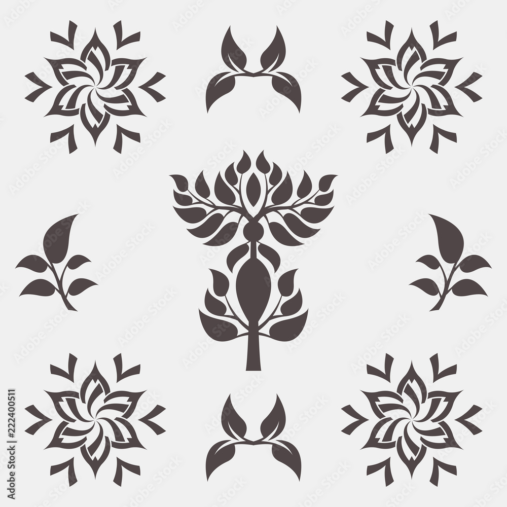 Set of abstract foliate signs. Tree template. Set of abstract foliate signs. Tree template.