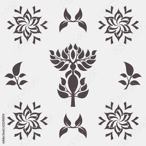 Set of abstract foliate signs. Tree template.