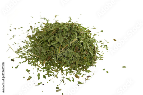 stevia. Dry stevia grass powder isolated on white background.Stevia rebaudiana, sweetener herb