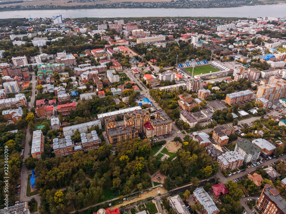 TOMSK, RUSSIA - August 25, 2018: Panoramic view of city, Tom river. Drone aerial top view.