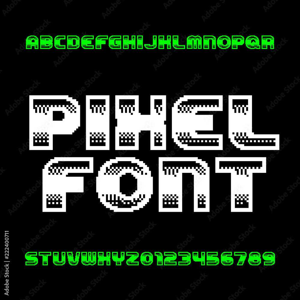 Retro computer game alphabet font. Monochrome pixel letters and numbers. 80s arcade video game typography. Retro computer game alphabet font. Monochrome pixel letters and numbers. 80s arcade video game typography.