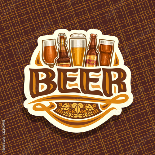 Vector logo for Beer, white sign with pint glasses of draft czech pilsner and bottles of craft german lager, original typeface for word beer, vintage coaster for bavarian bar with barley spikelets.