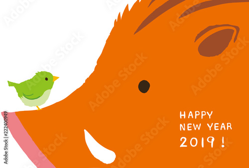 年賀2019　イノシシとうぐいす