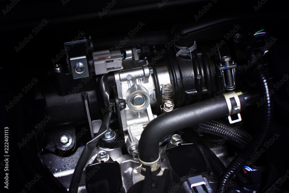 Throttle body installed in gasoline part engine system of car, automotive part concept. Throttle body installed in gasoline part engine system of car, automotive part concept.