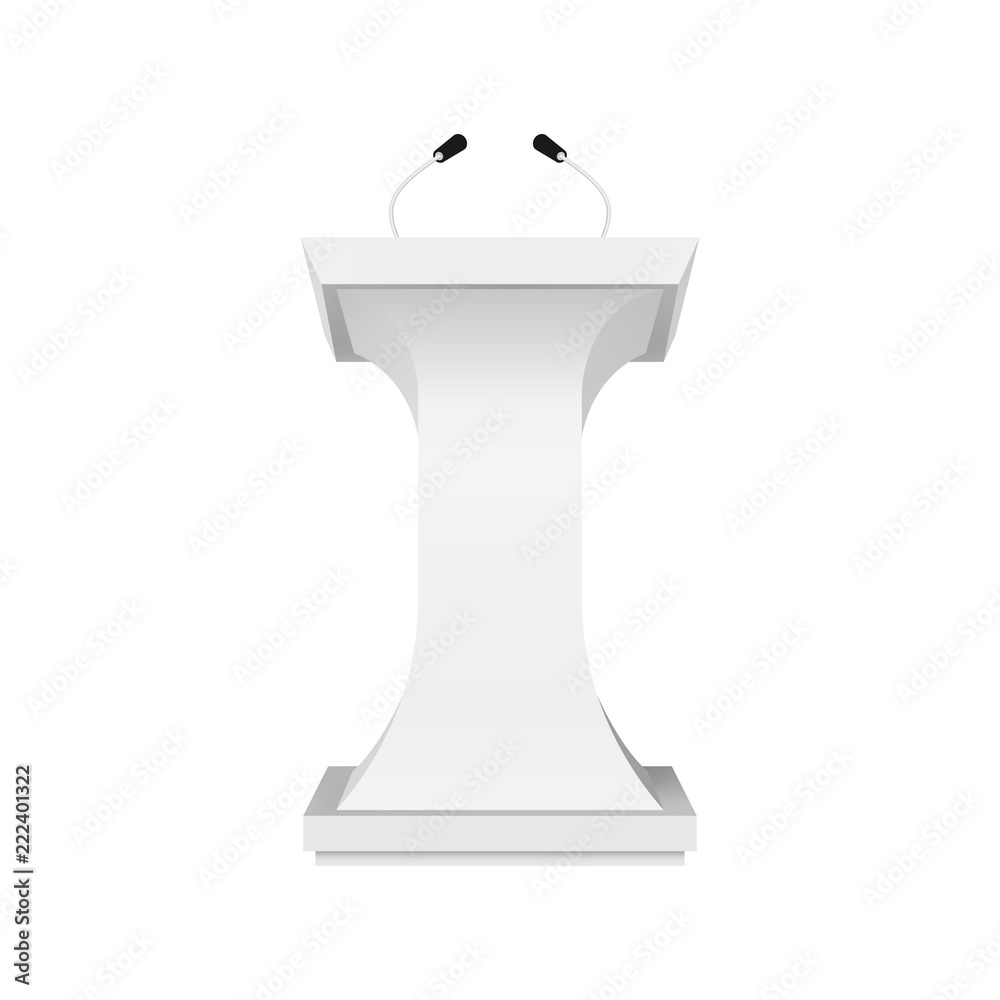 Speech podium mockup. White tribune with microphones. Rostrum stand vector illustration. Speech podium mockup. White tribune with microphones. Rostrum stand vector illustration.