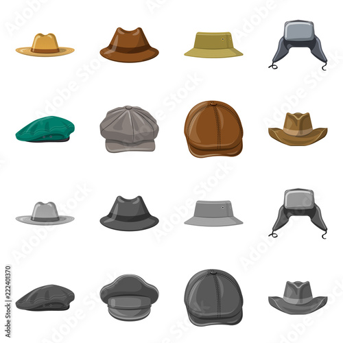 Vector illustration of headwear and cap icon. Set of headwear and accessory stock symbol for web.