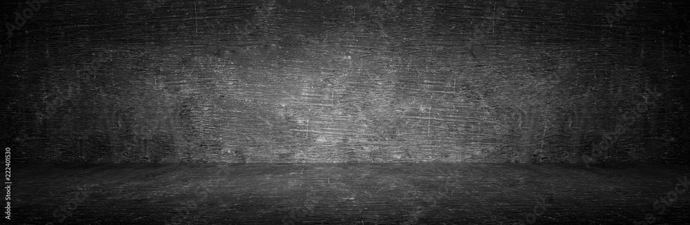 Blank wide screen Real chalkboard background texture in college concept for back to school panoramic wallpaper for black friday. Blackboard room floor round vignette.