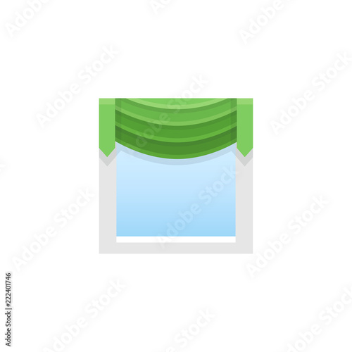 Green fabric valance with central swag. Vector illustration. Flat icon of pelmet. Front view.