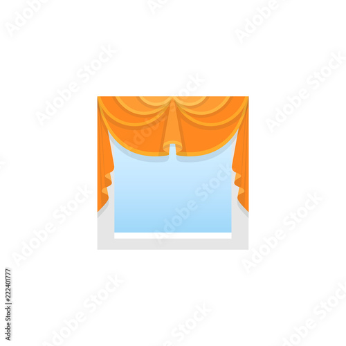Orange fabric valance with 2 asymmetric swags. Vector illustration. Flat icon of pelmet. Front view.