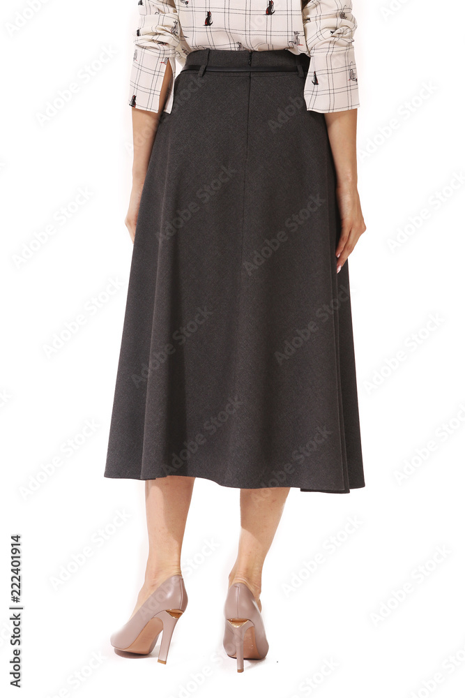 denim blue long skirt with belt cut close up photo on model in hith heels denim blue long skirt with belt cut close up photo on model in hith heels