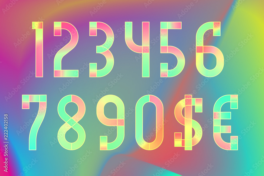 Colorful ethereal translucent numbers with dollar and euro symbols on iridescent background. Colorful ethereal translucent numbers with dollar and euro symbols on iridescent background.