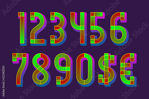 Night lights numbers with dollar and euro symbols in glowing vibrant style.