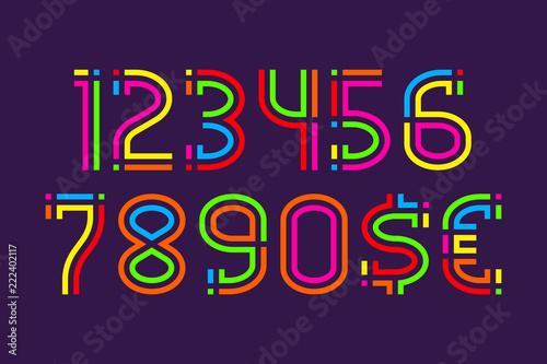 Fiesta carnival colorful numbers with currency signs of dollar and euro.