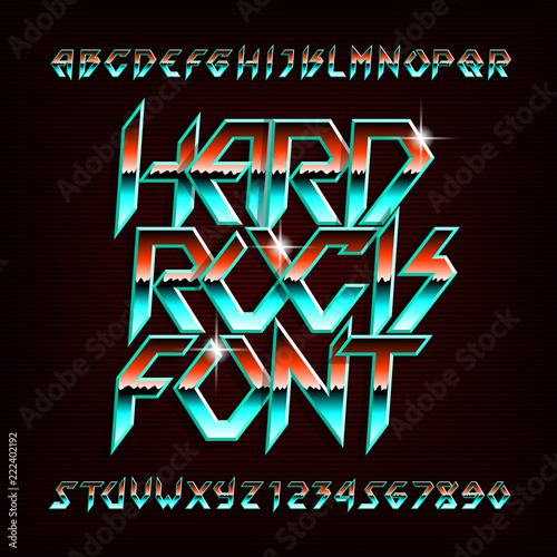 Hard Rock alphabet font. Metal effect shiny letters, numbers and symbols in retro colors. Stock vector typeface for your design.