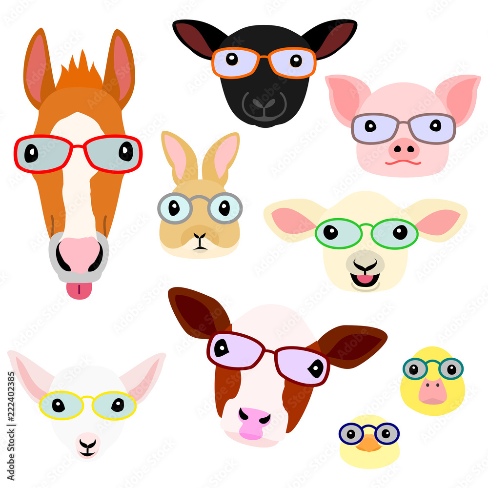 Obraz premium cute farm animal babies face with eyeglasses set