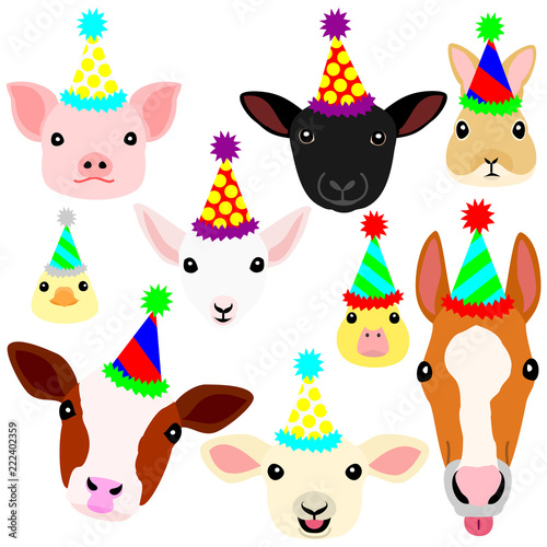 cute farm animal babies face with party hat set