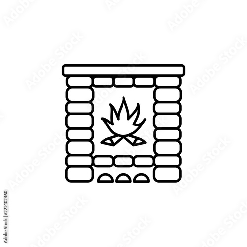 Vector illustration of wood burning fireplace. Line icon of stone stove. Isolated on white background.