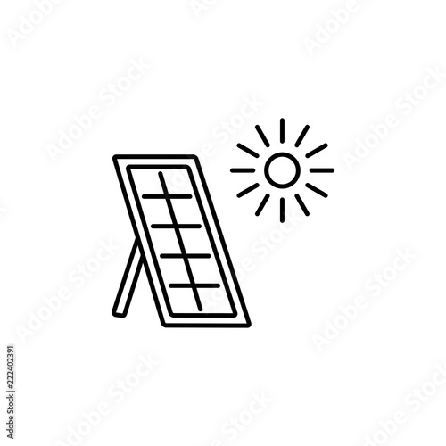 Vector line illustration of solar thermal panel & sun. House heating system. Isolated on white background.