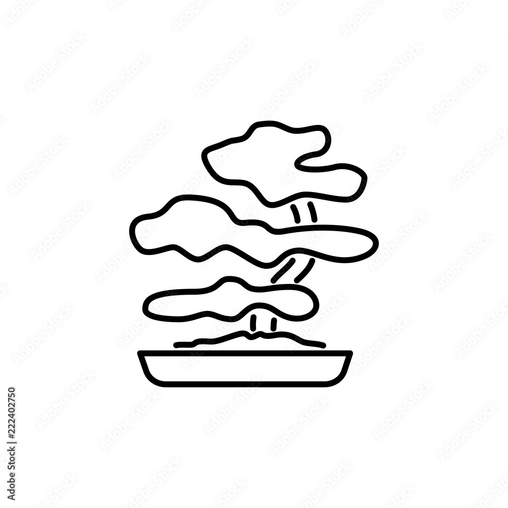 Black & white vector illustration of bonsai with leaves in pot. Decorative mini tree in container. Line icon of indoor green foliage plant. Isolated on white background.