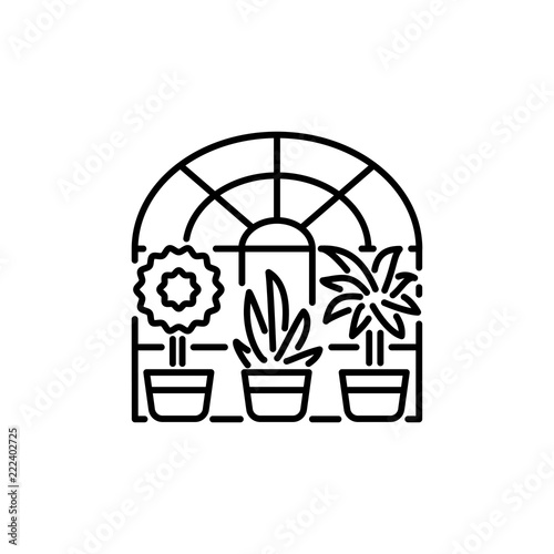Black & white vector illustration of glass conservatory with decorative home plants in containers. Line icon of indoor sunroom with 3 potted houseplants. Isolated on white background.