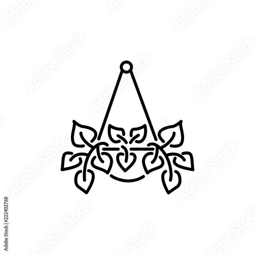 Black & white vector illustration of hanging plant with leaves in pot. Line icon of decorative home plant in container. Potted indoor and outdoor houseplant. Isolated on white background.