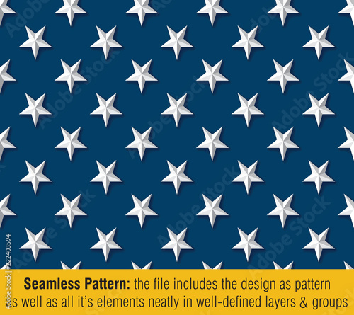 American Flag Embossed Stars Drop Shadow - Seamless Pattern
