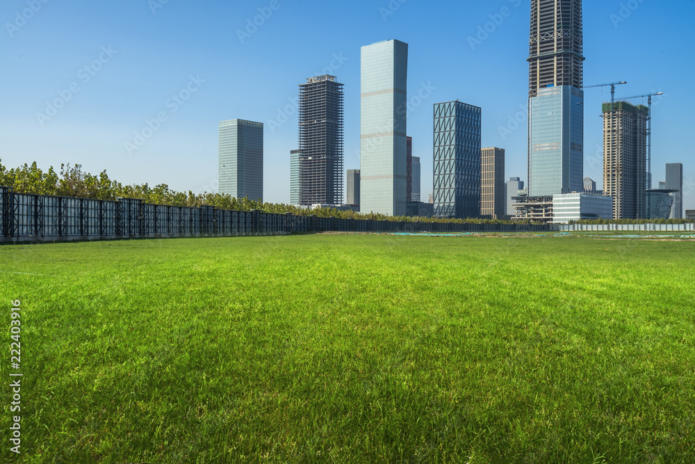 cityscape and skyline of tianjin from meadow in park cityscape and skyline of tianjin from meadow in park