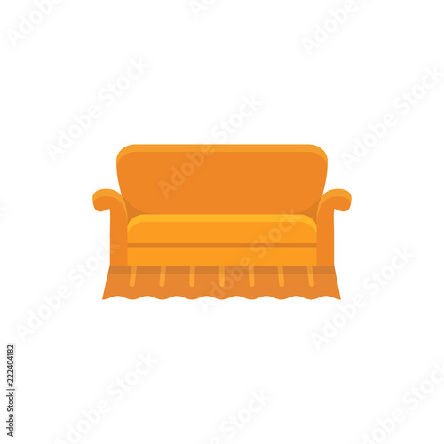 Orange english sofa. Vector illustration. Flat icon of settee. Front view.