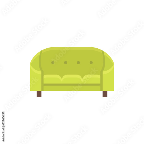 Green cabriole. Tufted vintage sofa. Vector illustration. Flat icon of settee. Front view.