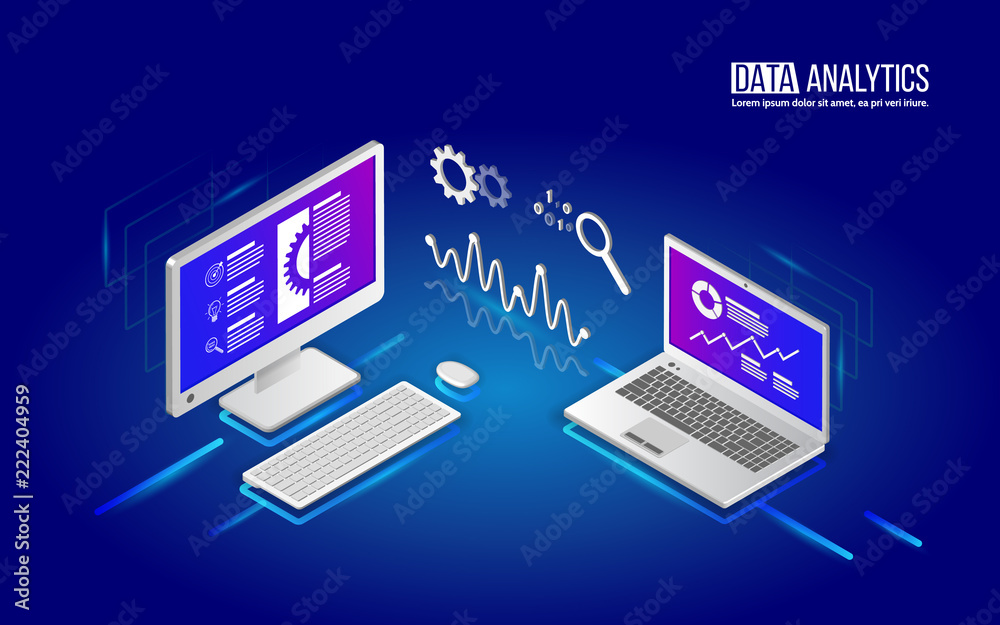 Teamwork analytics information on computer and laptop. Big data analysis tools. Isometric design modern vector illustration. Teamwork analytics information on computer and laptop. Big data analysis tools. Isometric design modern vector illustration.
