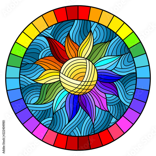 Illustration in stained glass style with abstract rainbow flower on blue background in bright frame, round image