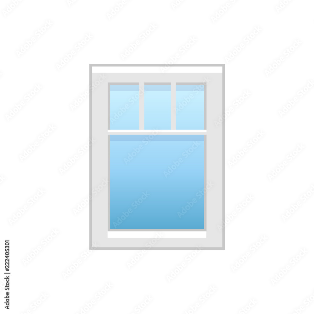 Vector illustration of modern vinyl casement window. Flat icon of aluminum window with decorative metal bars. Isolated on white background.