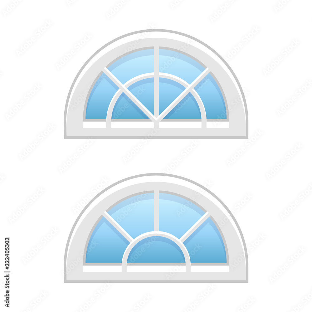 Vector illustration of half round attic vinyl windows. Flat icon of traditional aluminum fanlight windows with radial bars for garrets & doorways. Isolated on white background.