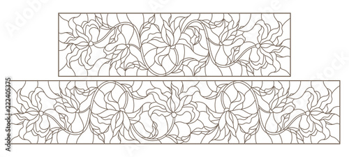 Set of contour illustrations of stained glass with Lily flowers, horizontal orientation, dark contours on white background
