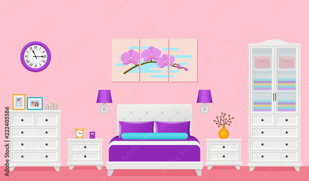 Bedroom interior. Hotel room with double bed. Vector. Home space  illustration in flat design. Cartoon house equipment in modern apartment.  Colorful pink violet animated background. Stock Vector | Adobe Stock