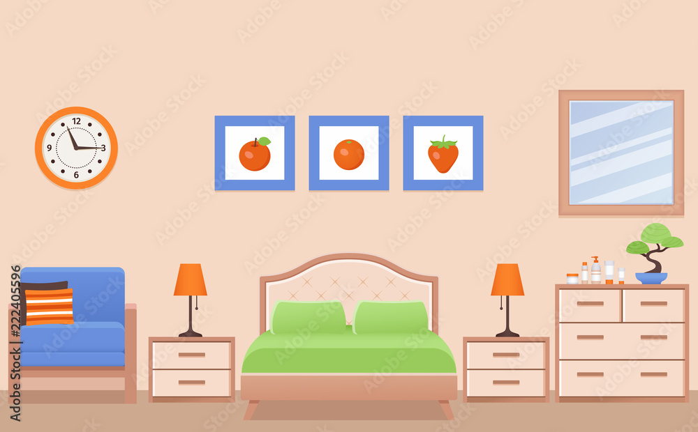 Bedroom interior. Hotel room with double bed. Vector. Home furniture,  mirror, space illustration in flat design. Cartoon house equipment in  modern apartment. Colorful animated background. Stock Vector | Adobe Stock