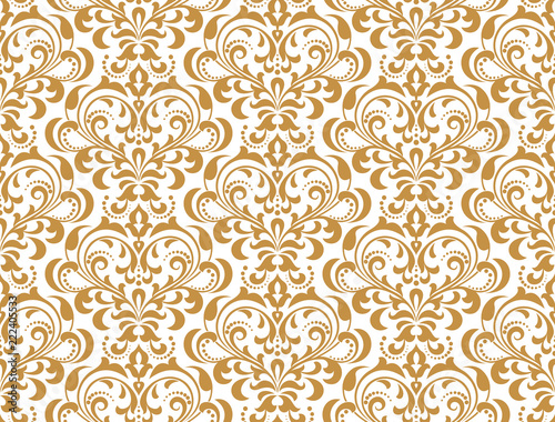 Wallpaper in the style of Baroque. Seamless vector background. White and gold floral ornament. Graphic pattern for fabric, wallpaper, packaging. Ornate Damask flower ornament