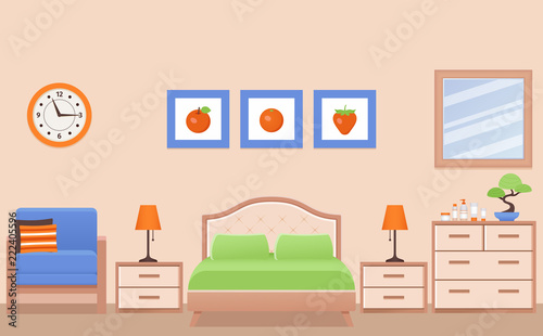 Bedroom interior. Hotel room with double bed. Vector. Home furniture  mirror  space illustration in flat design. Cartoon house equipment in modern apartment. Colorful animated background.
