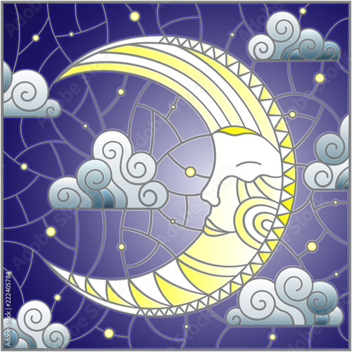 Illustration in stained glass style with moon on cloudy sky background