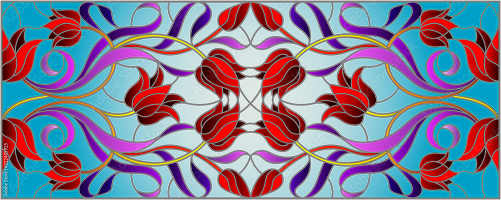 Obraz premium Illustration in stained glass style with abstract swirls,flowers of Tulips and leaves on a blue background,horizontal orientation