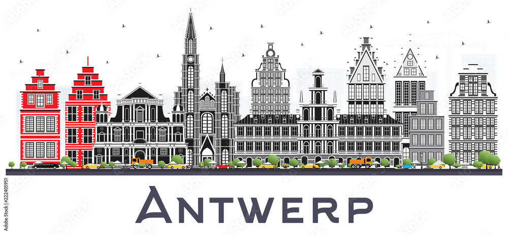 Antwerp Belgium City Skyline with Gray Buildings Isolated on White.