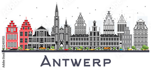 Antwerp Belgium City Skyline with Gray Buildings Isolated on White.