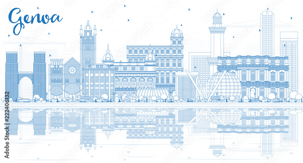 Outline Genoa Italy City Skyline with Blue Buildings and Reflections.