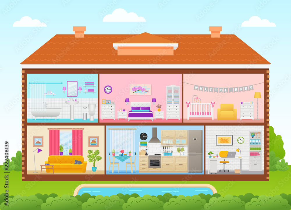 House interior. Vector. Home cross section with rooms bedroom, living room, kitchen, office, bathroom, nursery. House inside in cut with roof, pool, tree, sky. Cartoon cutaway illustration flat design