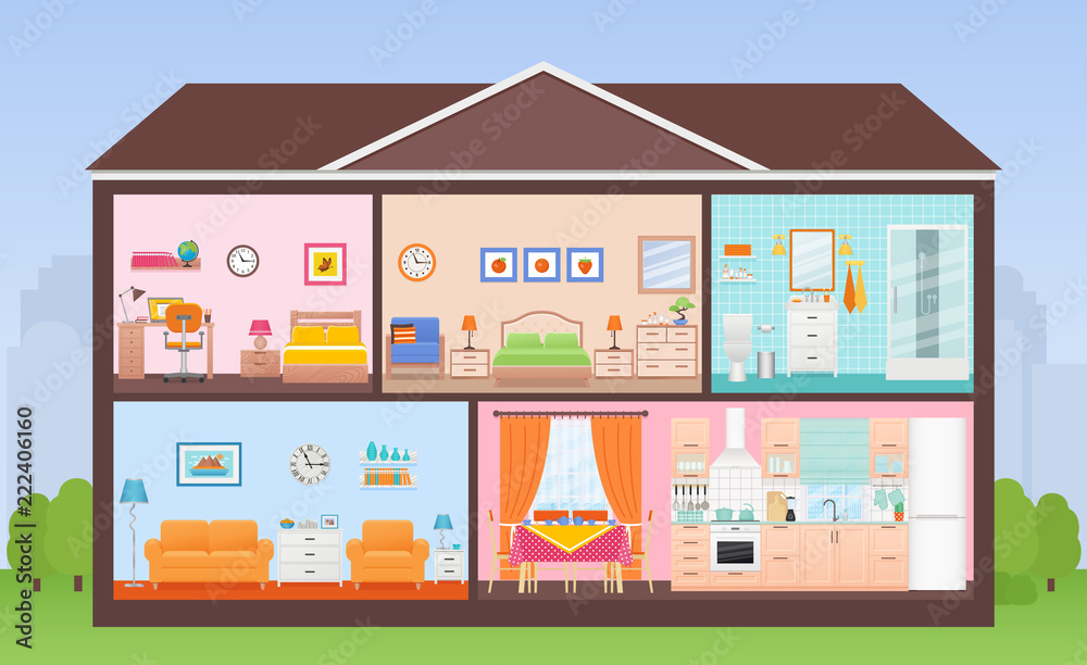 House interior. Vector. House in cut. Cross section with rooms bedroom, living room, kitchen, dining, bathroom, nursery. Home inside with roof, tree, sky. Cartoon cutaway illustration in flat design