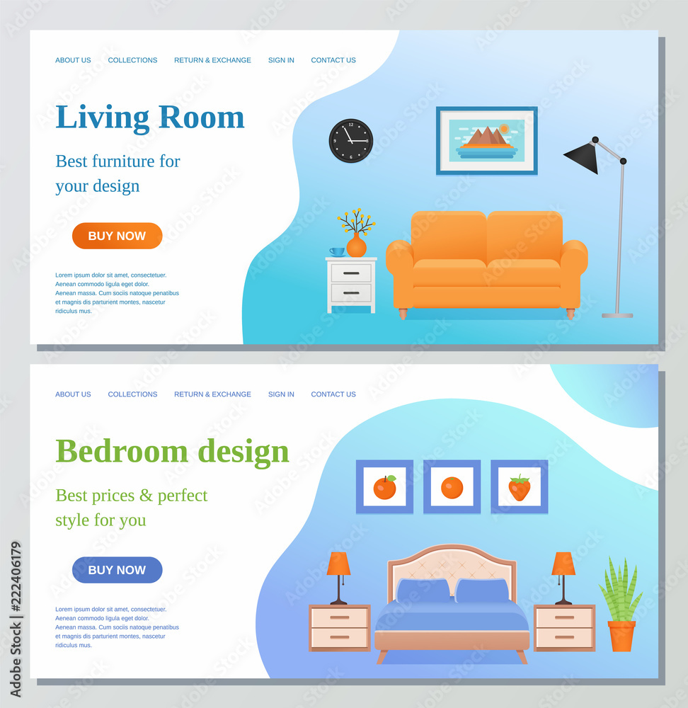 Living room, bedroom web page design templates. Vector. Furniture Interior horizontal banner. Illustration concepts for website, mobile website development, slide, site, infographic in flat style