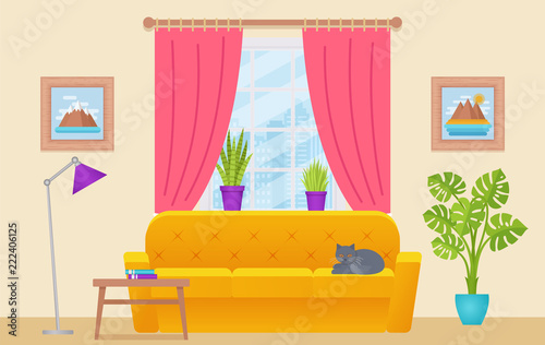 Living room interior. Vector illustration. Lounge with furniture, window, cat. Home background in flat design. Cartoon house equipment.